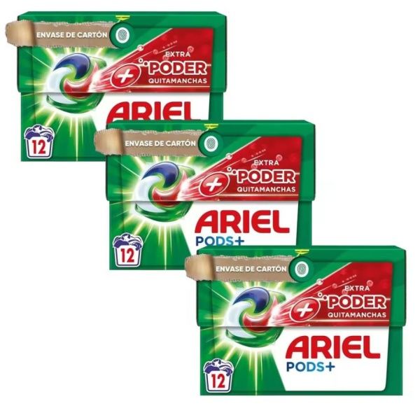 PACK 3 Cápsulas lavadora Ariel Pods Extra Poder Quitamanchas 12 ud