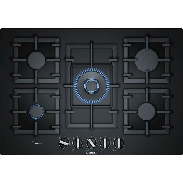 Placa de gas Bosch PPQ7A6B90 , 75 cm , Vidrio templado , Negro