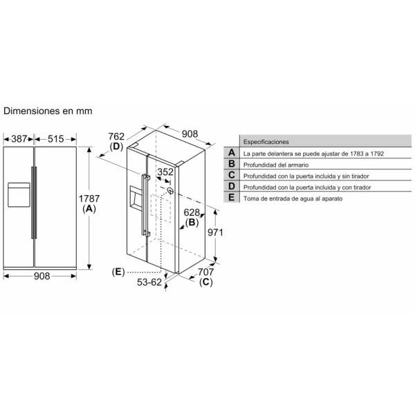 Bosch-Frigorífico americano, 178.7 x 90.8 cm, Acero antihuellas, Total NoFrost,Serie 6, KAD93AIEP - Imagen 4